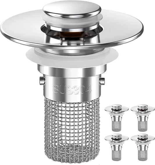 Sink Stopper Hair Catcher, Pop-up Sink Drain Strainer with Removable Stainless Steel Strainer Basket Hair Catcher, Bathroom Sink Strainer for Bathroom Sink Stopper Replacement (4PCS)