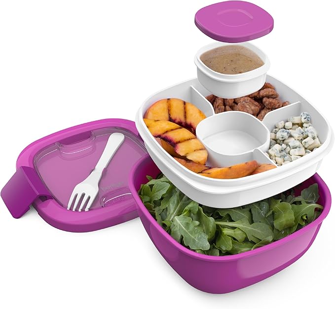 Bentgo Salad Container - 54 oz Bowl with 4-Compartment Toppings Tray, Leak-Proof Dressing Container, Reusable Fork, BPA-Free Lunch Box for Meal Prep & Food Storage; Removable Bento Tray (Purple)