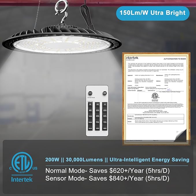 Lightdot Smart 200W(209x1W) High Bay LED Lights 30,000LM UFO Lights with Control (Supports Normal Mode & Motion Mode) ETL-Listed US Plug for 25-35FT Height Warehouse-6Yrs Warranty-6Pack