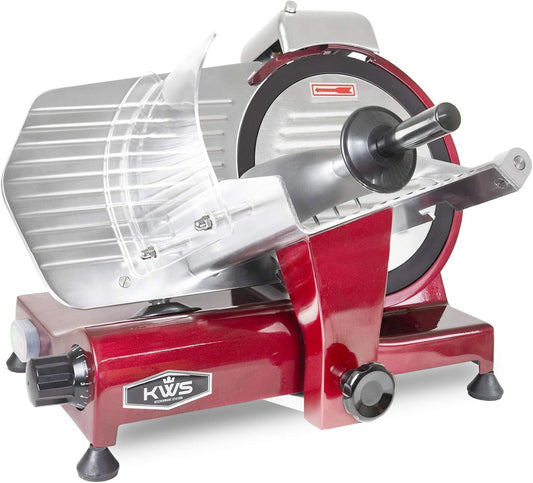 KWS MS-10XT Premium 320W Electric Meat Slicer 10-Inch in Red with Non-sticky Teflon Blade, Frozen Meat/Deli/Cheese/Food Slicer Low Noises Commercial and Home Use [ ETL, NSF Certified ]