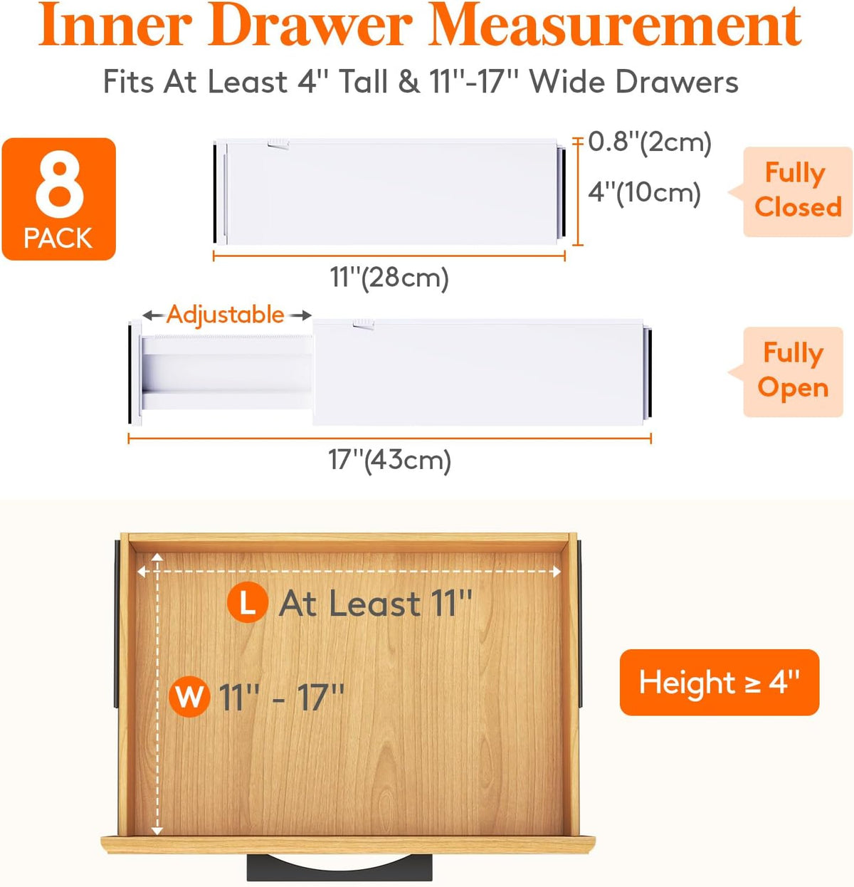 Lifewit 8 Pack Drawer Dividers 4" High,11-17" Adjustable Dresser Drawer Organizers for Clothes, Expandable Dresser Separators in Bedroom/Bathroom/Kitchen/Vanity/Office Organization and Storage, White