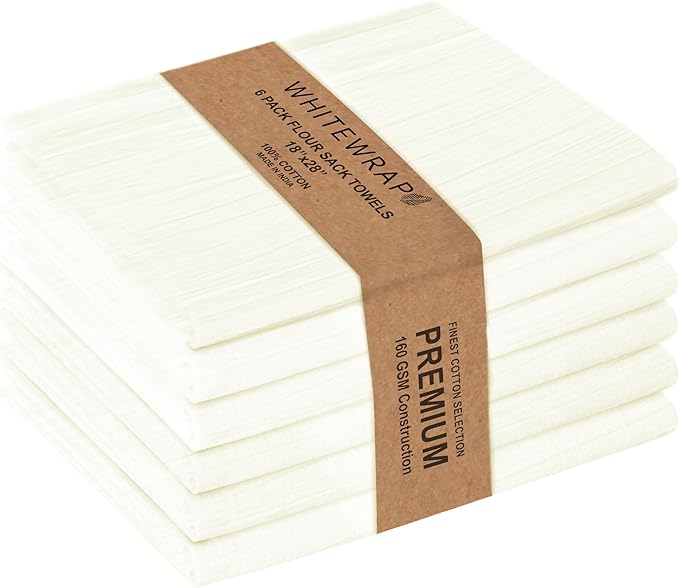 WHITEWRAP Flour Sack Towels| Tea Towel for Crafts| Kitchen Dish Cotton Blank Towel for Embroidery|Baking Bread Proofing Linen Cover| Thick Absorbent Quick Dry| 6 Pack 18"x28" Natural