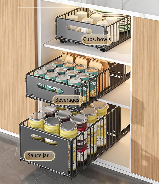 Pull Out Cabinet Organizer Slide Out Drawer Storage Shelves Cupboard Organiser Sliding Cabinet Basket for Kitchen No Drilling and Nailing (Black, 2Piece 9.8" W X15 D X 7.5" H)