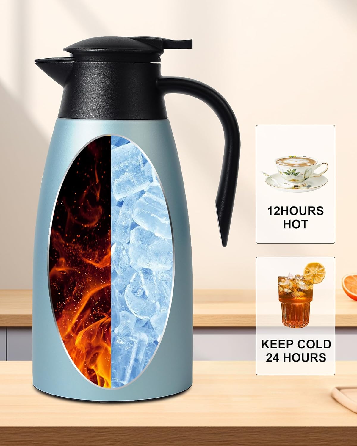 70 OZ Updated Thermal Coffee Carafe for keeping hot, 2 PCS Carafes for hot liquid, Insulated Coffee Carafe Stainless Steel Vacuum Thermal Pot for Coffee, Hot Water,Keep Hot 12 Hours (Blue+Blue)