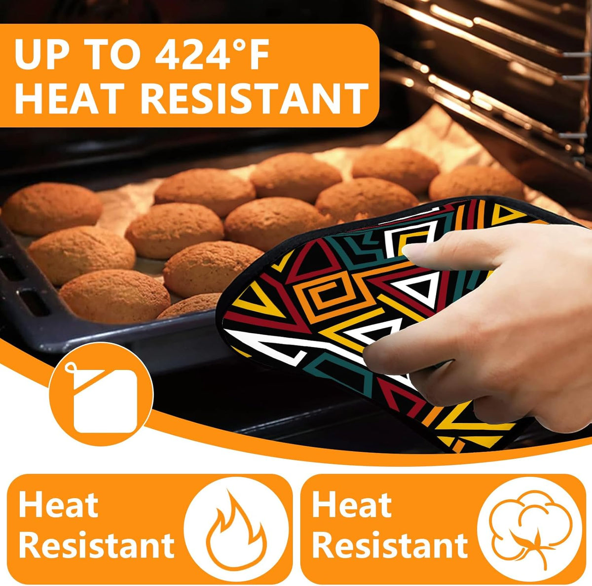 African Geometric Oven Mitts and Pot Holders Sets 4Pcs,Extra Long Oven Gloves Potholder for Kitchen Cooking Baking BBQ 100% Cotton Heat Resistant