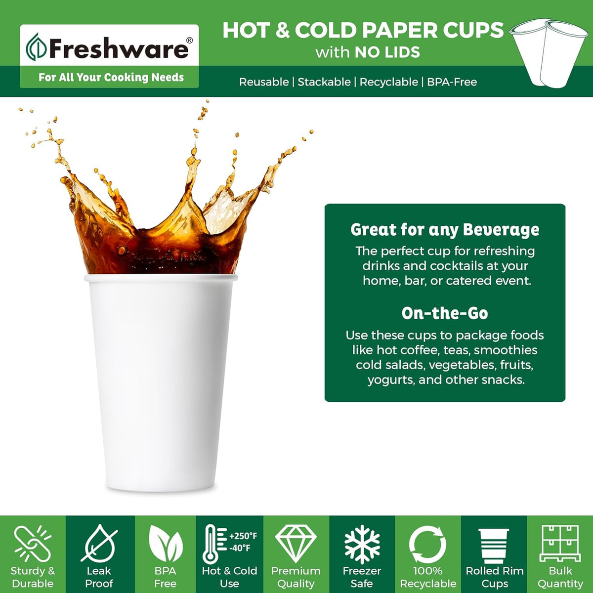 Freshware Coffee Cups 20 oz [100 Pack] Disposable Paper Cups for Hot or Iced Coffee Cup, Slushie Cup, Milkshakes, Smoothies, and Tea