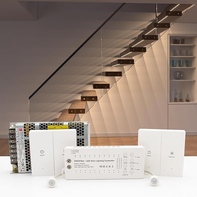 Wall Switch Control and Motion Sensor LED Stair Lighting Kit RW-5620, 40 Inches Long Cuttable LED Light for Indoor LED Stair Lights (Warm White 3000K, 20 Stairs)