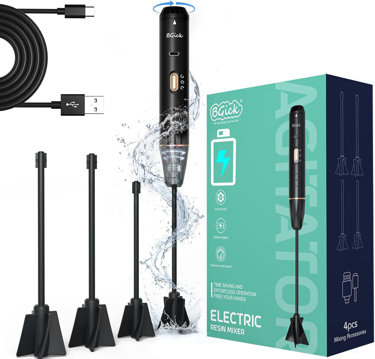 Upgraded Resin Mixer, Handheld Rechargeable Mixer with Minimizing Bubbles,Epoxy Resin Mixer for Resin, Silicone Mixing, Resin Molds, DIY Crafts (Included 4 pcs Paddles) (Black)