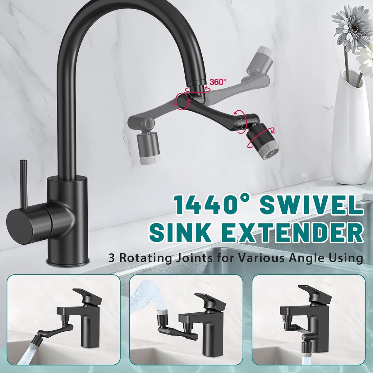 CECEFIN 1440° Rotating-Faucet-Extender Sink Aerator - 1080°+360° Large-Angle Splash Tap Extension with 2 Water Outlet, Swivel Multifunctional Robotic Arm for Kitchen/Bathroom, Black