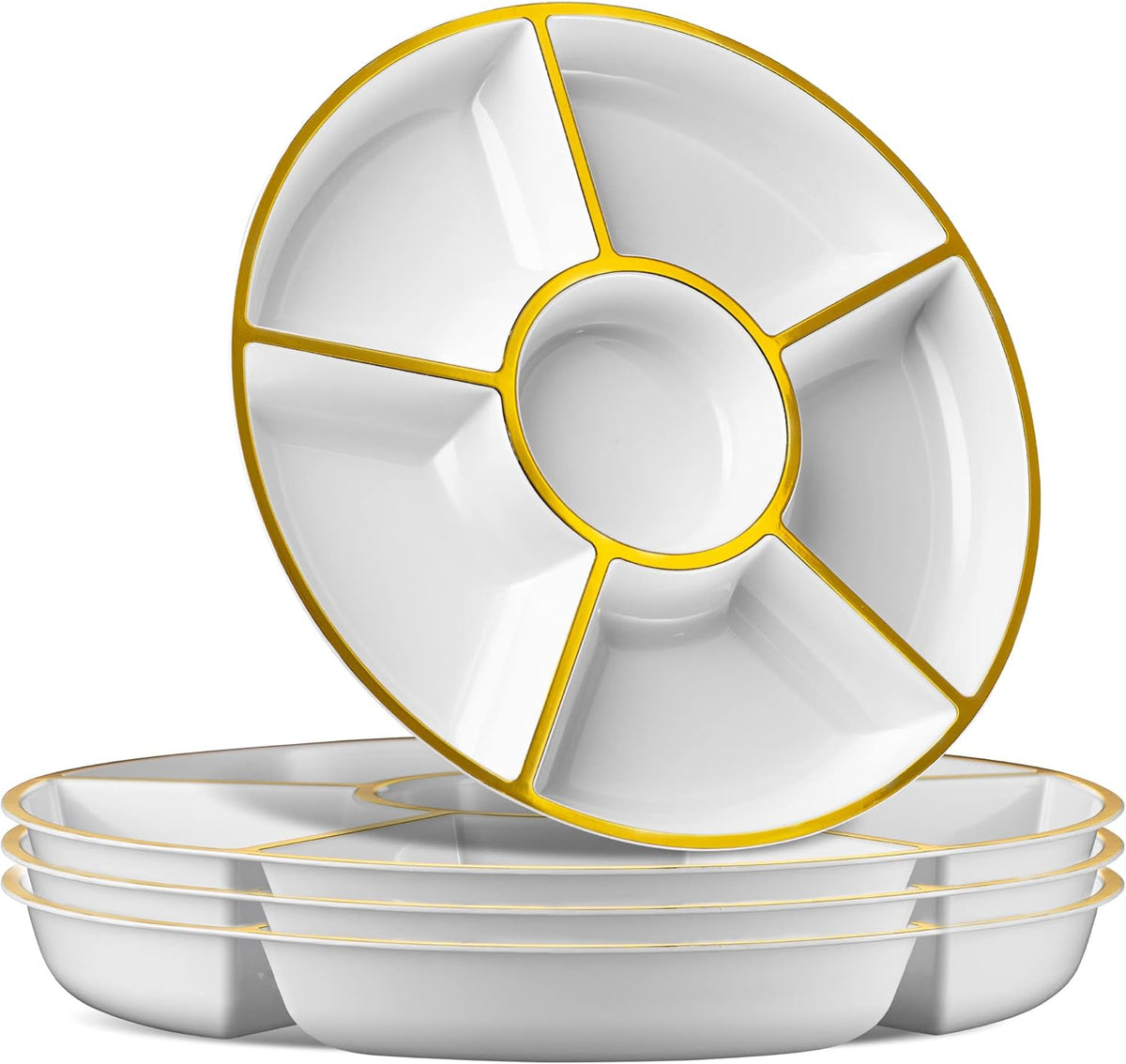 Plasticpro 6 Sectional Round Plastic Serving Tray/Platter (2, White & Gold)