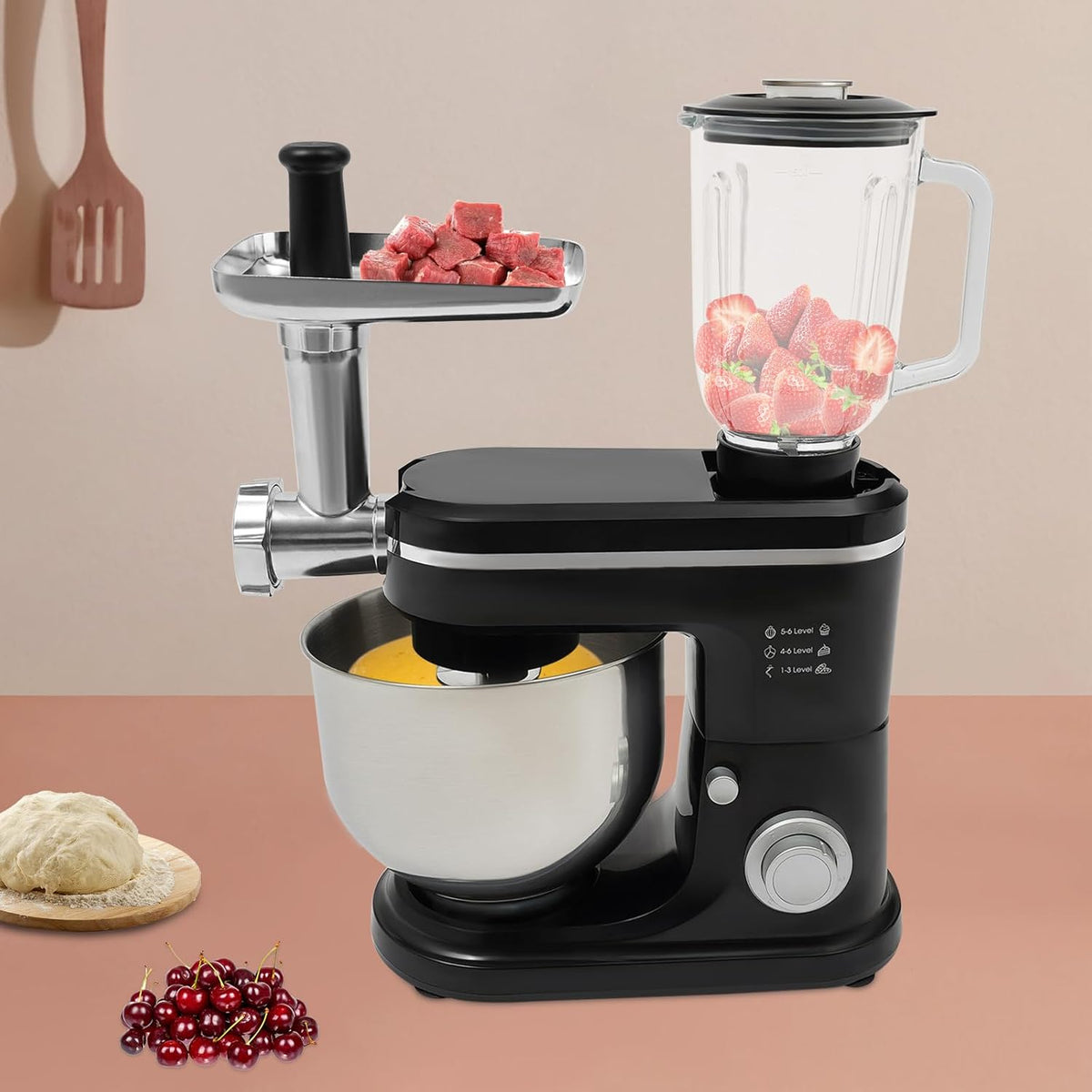 Stand Mixer, 3-in-1 Food Processor Multifunctional Electric Kitchen Mixer with 6 Accessories for Most Home Cooks, 6.34 Qt (Black)
