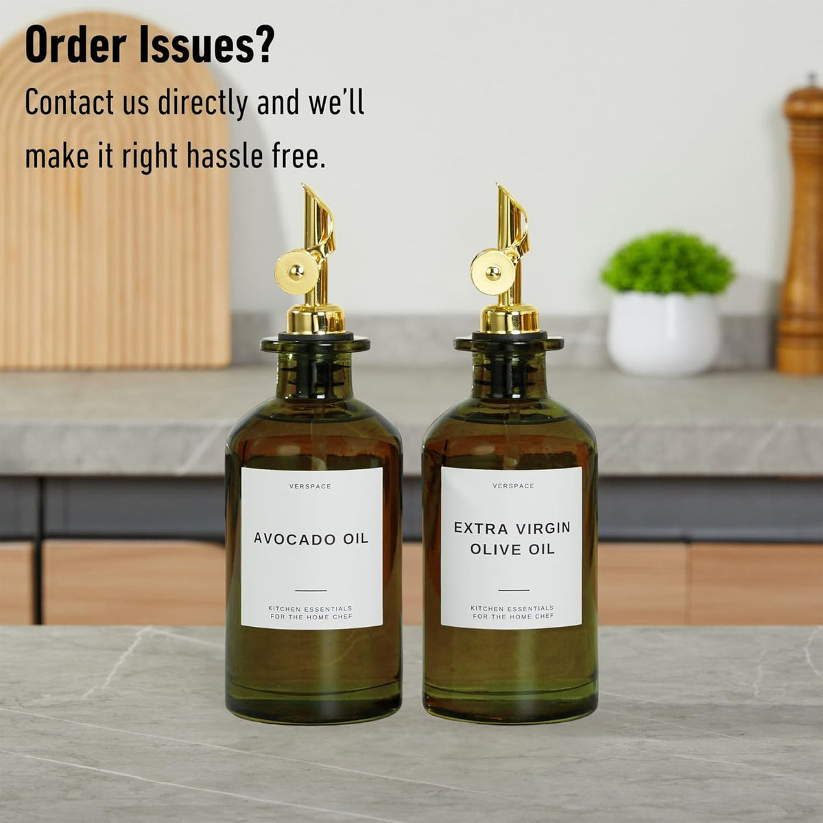 Green Glass Olive Oil Dispenser Bottle For Kitchen By Verpsace,Avocado Oil Dispenser Set, Modern Decor, Gold Kitchen Accessories for Home, Airbnb, Cafe (Gold, Set of 2)