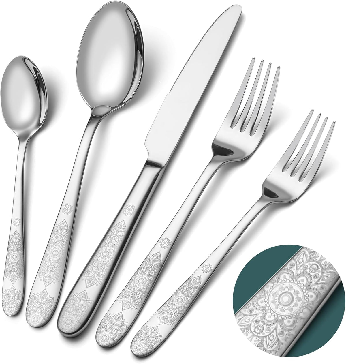 40 Piece Flatware Set, Service for 8, EIUBUIE Premium Stainless Steel Cutlery Set, Mirror Polished Silverware Sets with Pattern Handle, Modern Kitchen Eating Utensils Sets