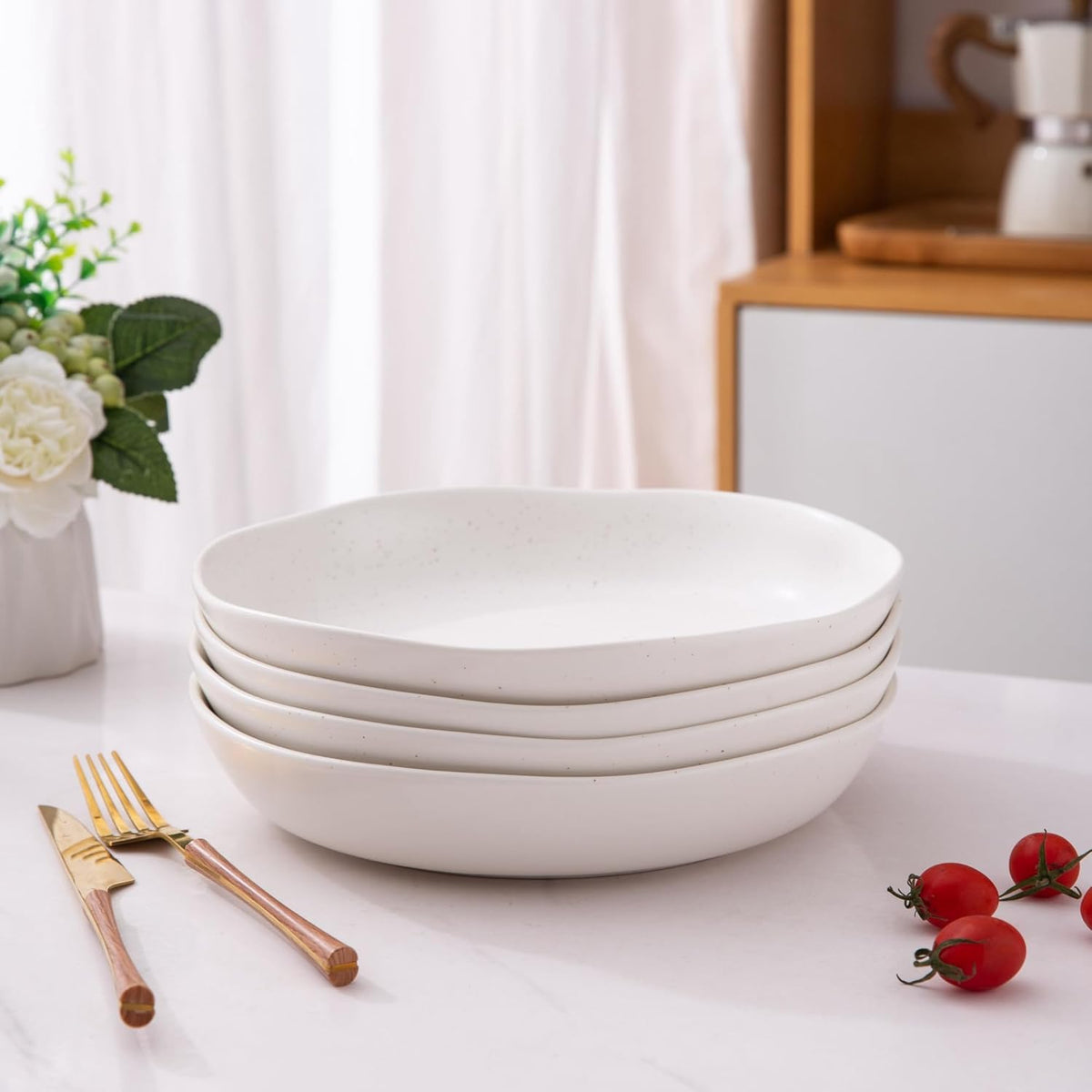 AmorArc 9.75'' Speckled Large Ceramic Pasta Bowls, 38oz Stoneware Bowls Set of 4, Oven, Microwave&Dishwasher Safe Bowls with Wavy Rim for Fruit Pasta Salad Meal, Matte Speckled White