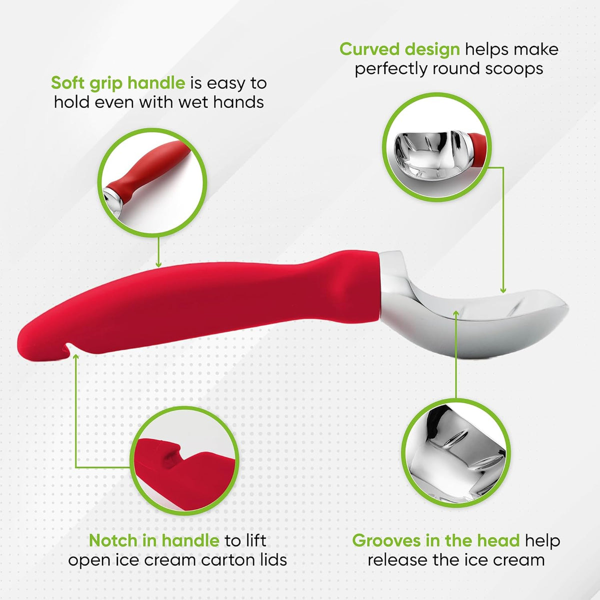 Spring Chef Ice Cream Scoop with Soft Grip Handle, Professional Heavy Duty Sturdy Scooper, Premium Kitchen Tool for Cookie Dough, Gelato, Sorbet, Red