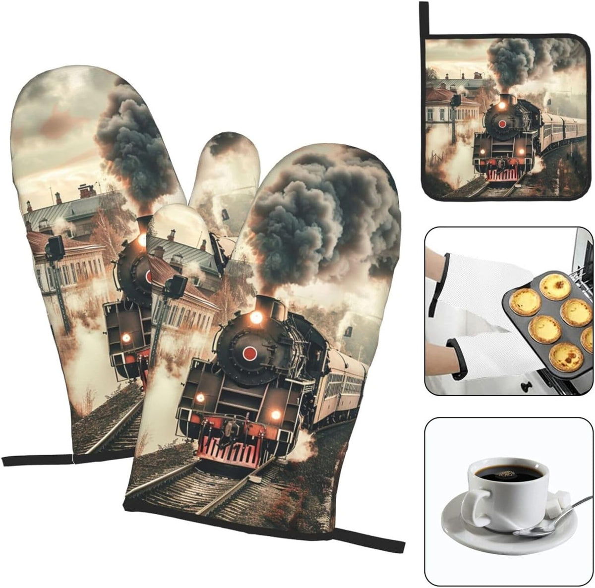 Train Travelling Oven Mitts and Pot Holders Sets of 3 Heat Resistant Oven Gloves Hot Pads Non-Slip Kitchen Accessories for Baking Cooking Grilling BBQ