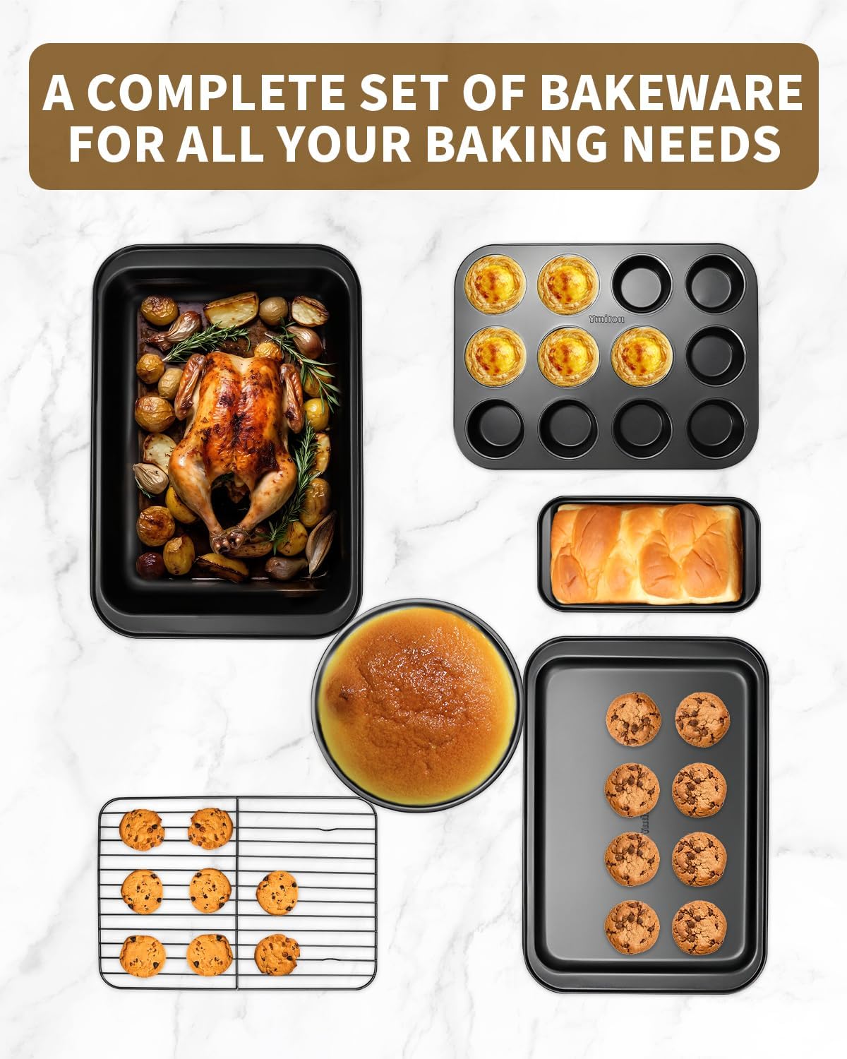 Nonstick Baking Pans Set, 19 PCS Stackable Bakeware Sets, Oven Pan Set Includes Baking Tray, Cookie Sheet, Cake Pans, Loaf Pan, Muffin Pan, Silicone Cups
