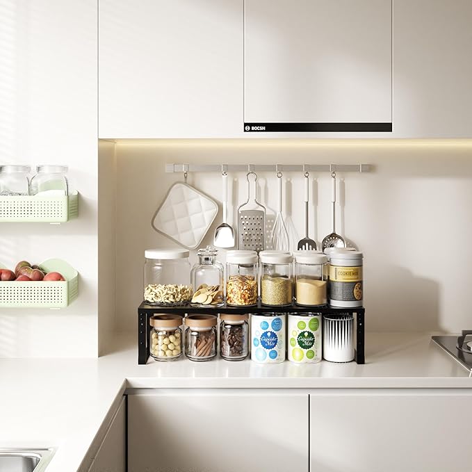 Expandable,Adjustable & Stackable Spice Rack, Cabinet Kitchen Countertop Shelf Organizer,Metal Pantry Storage Shelves - Space-Saving Storage Solution(1Pack/Black/Medium)