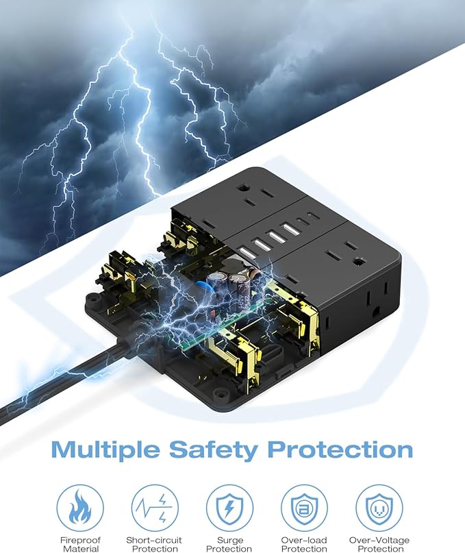 15FT Surge Protector Power Strip,12 AC Outlets with 6 USB Ports (2 USB-C), Flat Plug Extension Cord with Multiple Outlets, Wall Mount for Home Office,Dorm, Black