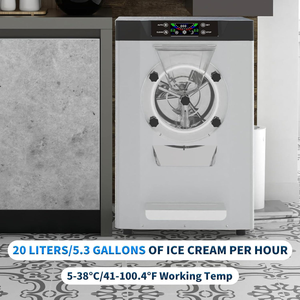 Ice Cream Maker Commercial Machine 18-24L/H, 6.3Gph Capacity Suitable for Restaurant/Bar/Home, 2000W Hard Ice Cream Machine with LED Display, (110V 60Hz)