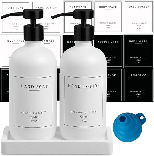 Kitchen Soap Dispenser - Hand and Dish Soap Dispenser Set, Bathroom Glass Soap and Lotion Dispenser with Pump, Tray, 14 Waterproof Labels, Set of 2 White Bottle/Black Pump-pd