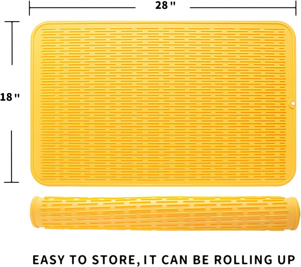 Silicone Dish Drying Mat for Multiple Usage,Easy clean,Eco-friendly,Heat-resistant Silicone Mat for Kitchen Counter or Sink,Refrigerator or Drawer Liner Yellow 3XL 28 inches x 18 inches