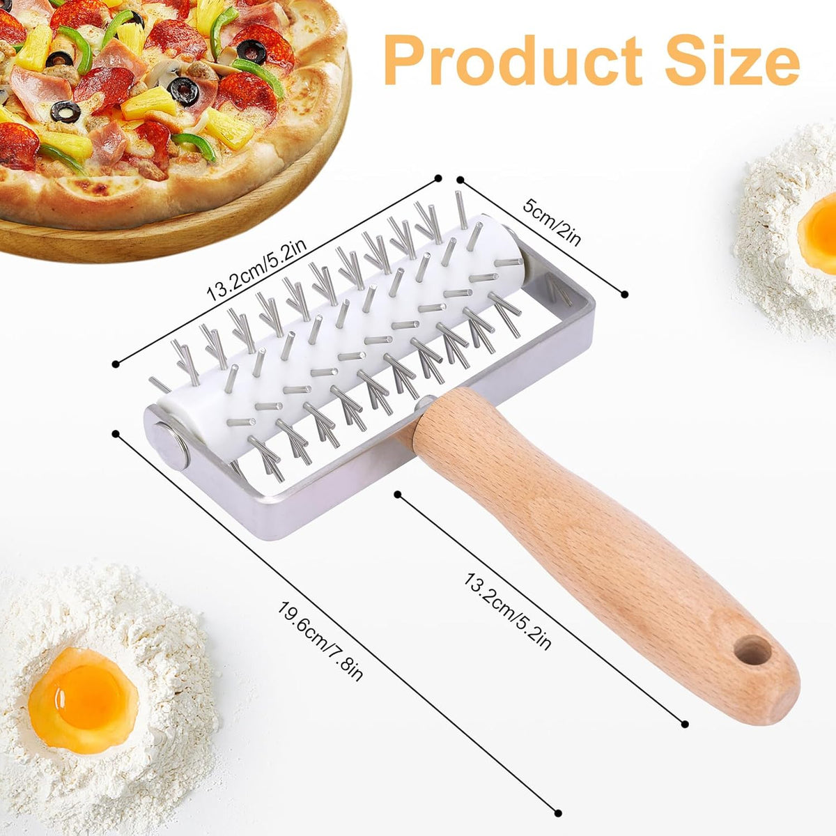 Pizza Dough Docker, Professional Dough Roller with Stainless Steel Spikes Wood Handle, Sturdy Pizza Docking Tool for Home & Commercial Kitchen, Time-Saver for Making Pizza Pie Pastry Bread