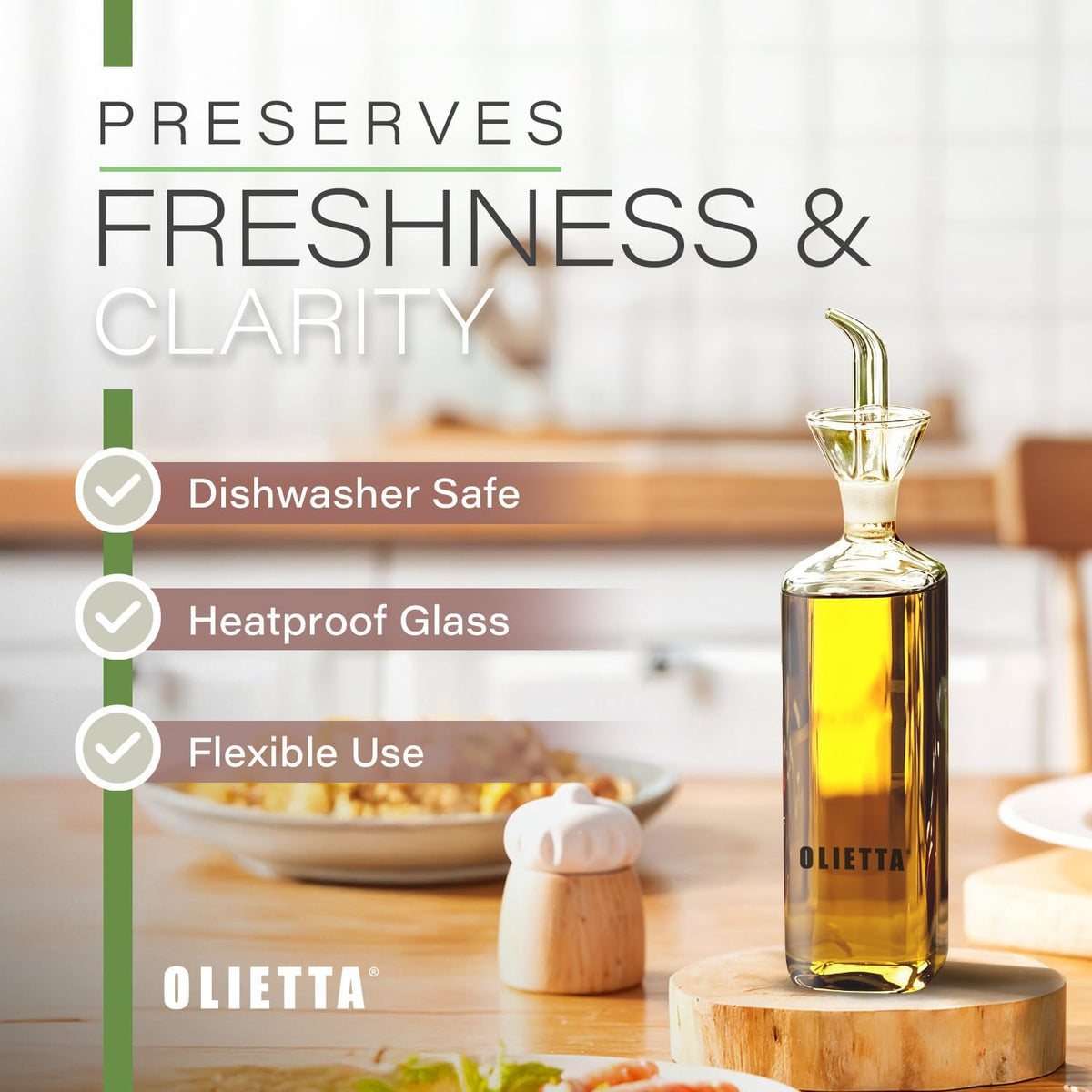 Olive Oil Dispenser Bottle Olietta Borosilicate Glass - 8.5 oz 250ml Non Drip Dispenser - Leak Proof Pourer Vinegar Drizzler Cruet - Easy Clean Drip Free Bottles for Kitchen