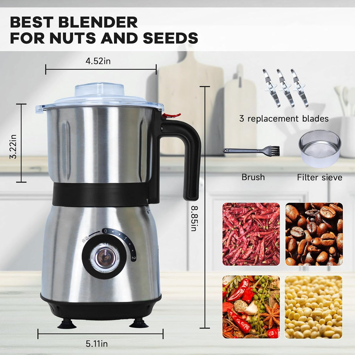 Electric Spice and Nut Grinders - 3 Stainless Steel Blades, 1 Filter, 1 Brush - 500W Grinder for Kitchen Dry Use (Black)