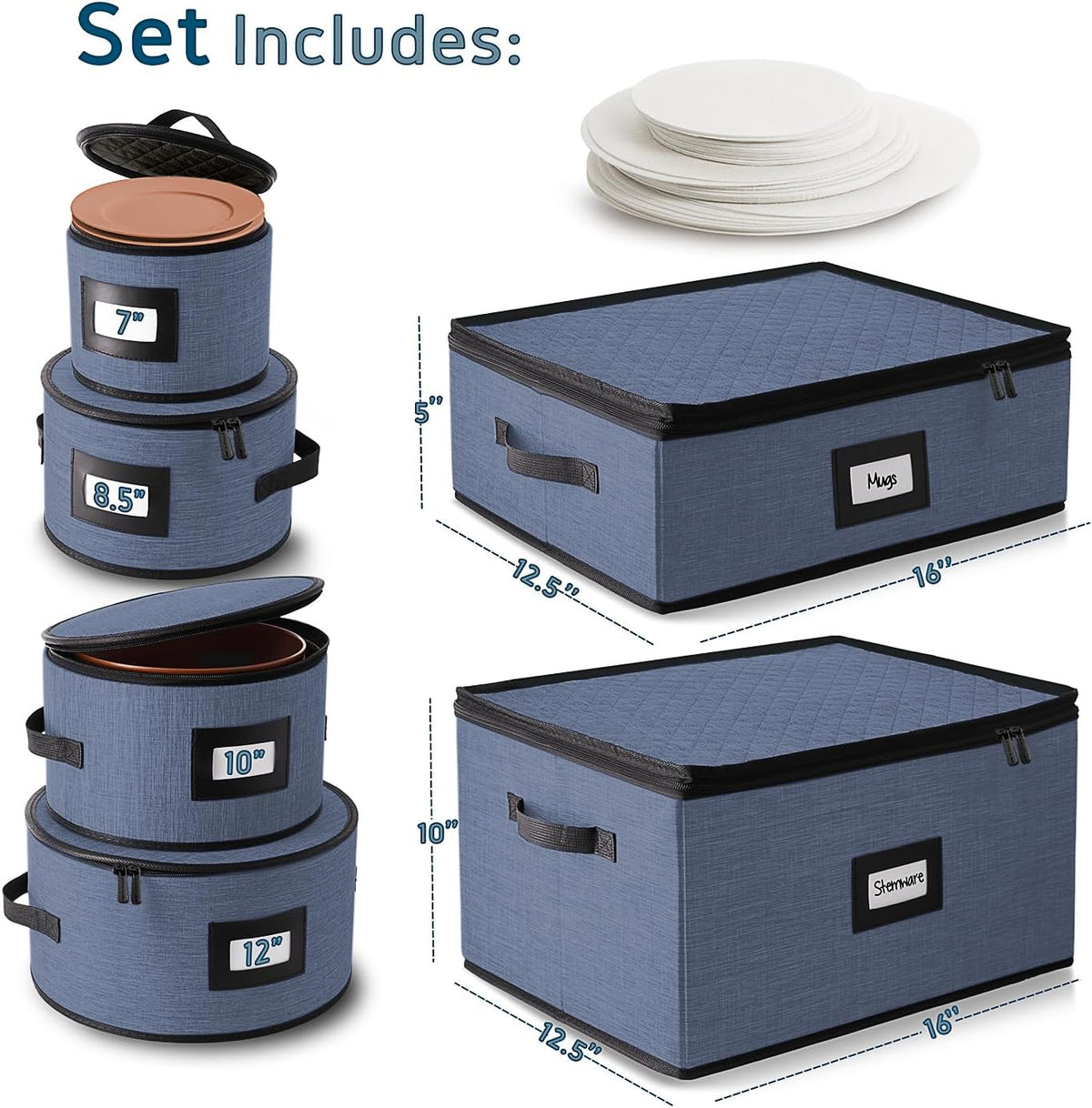 Hearth & Harbor Fine China Storage Containers, 6 Piece Dish Storage Containers, Stackable Plate Storage, Coffee Mug Storage and Wine Glass Storage Box with Dividers, Quilted Dish Organizers, Blue