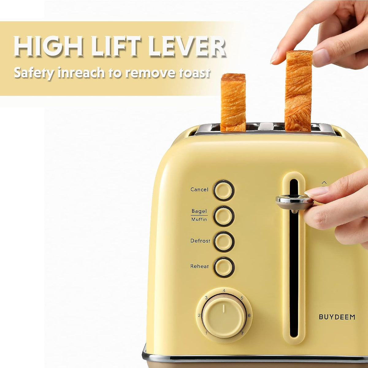 BUYDEEM DT620 2-Slice Toaster, Extra Wide Slots, Retro Stainless Steel with High Lift Lever, Bagel and Muffin Function, Removal Crumb Tray, 7-Shade Settings,Mellow Yellow