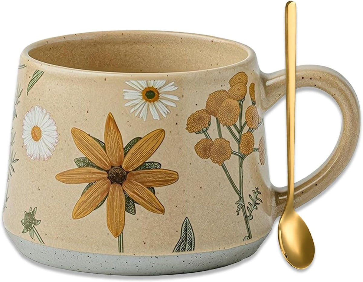 Floral Coffee Cup, 12oz Ceramic Hand Painted Porcelain Mug with Premium Gold Spoon, Cup for Cappuccino, Macchiato, Latte, Cafe, Tea, Unique Gift Idea (Graceful Daisies)