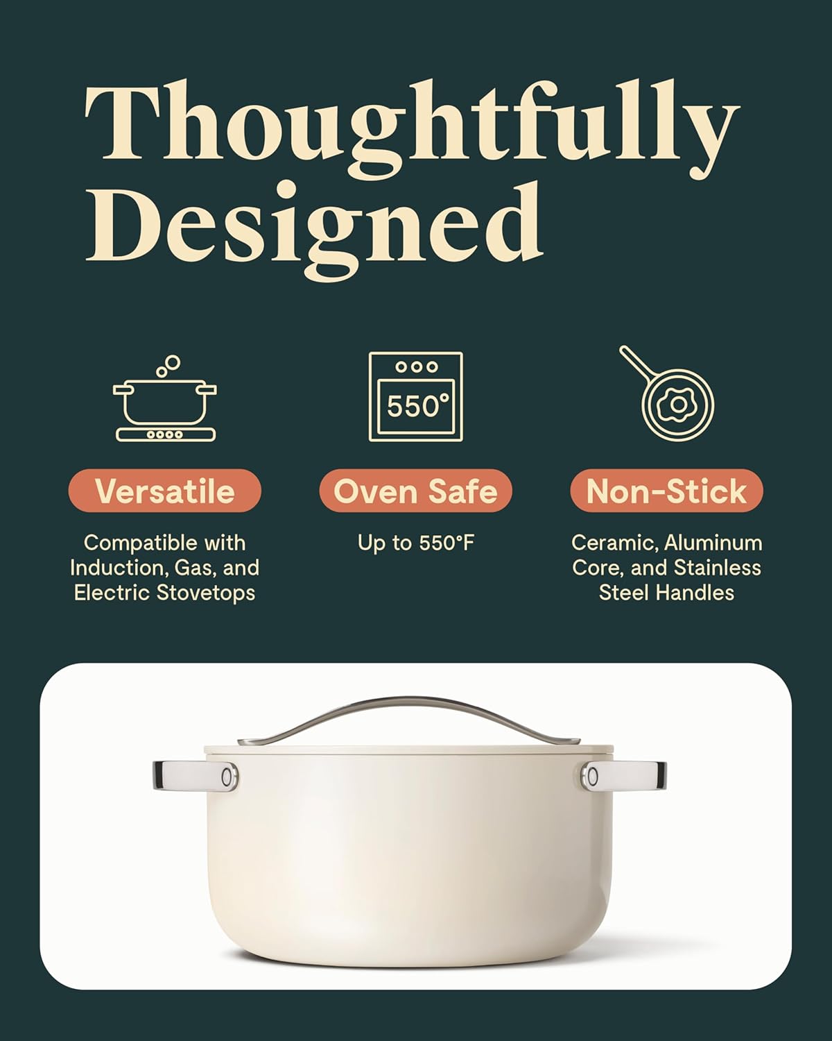 Caraway Dutch Oven Pot with Lid (6.5 qt, 10.5") - Non-Stick Ceramic Coating - Free From Forever Chemicals - Oven Safe & Stovetop Agnostic - Cream