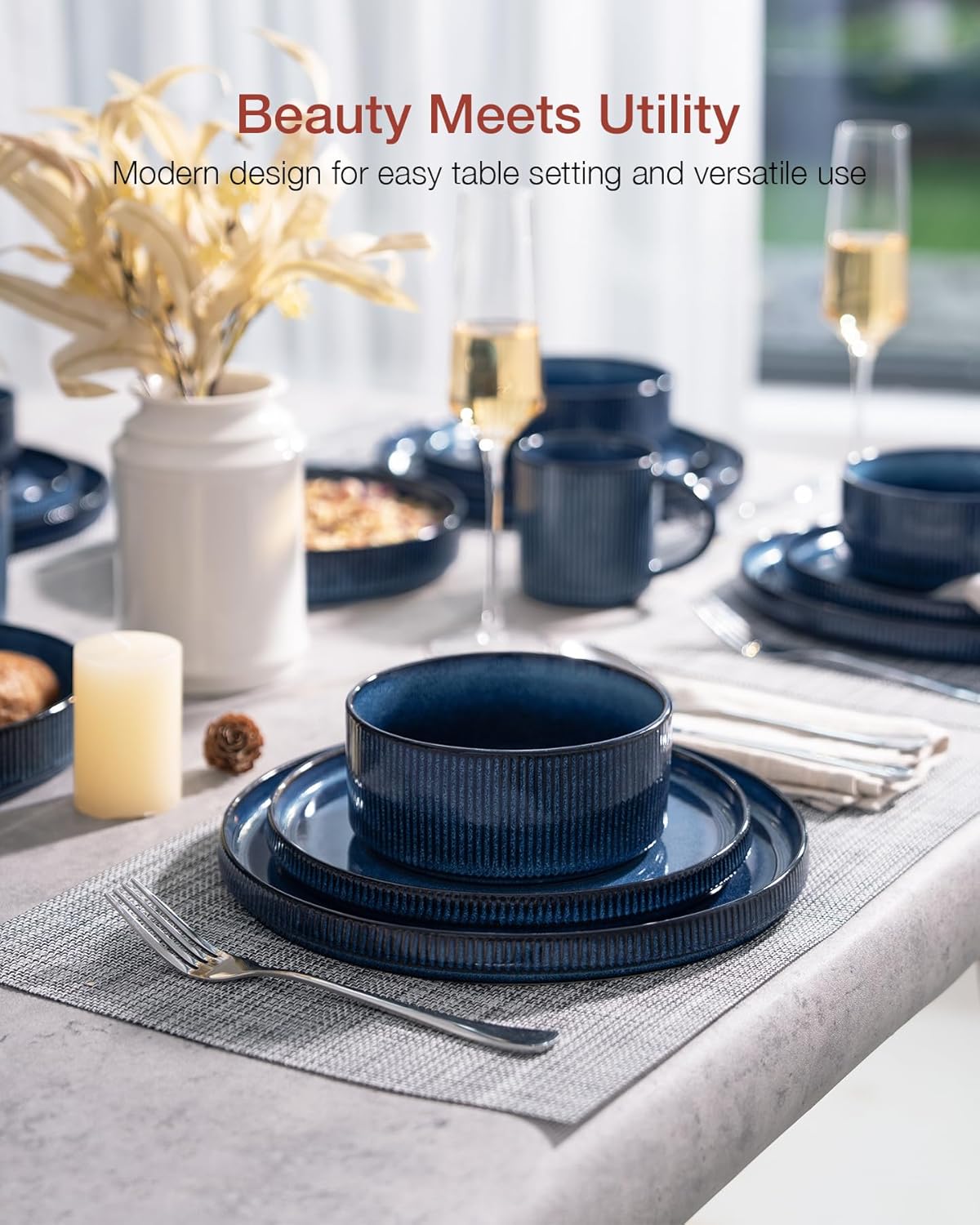 Famiware Star Dinnerware Set with Mugs, Service for 4 (16pcs), Ribbed Stoneware Plates and Bowls Dishes Sets - Chip & Scratch Resistant, Microwave & Dishwasher Safe, Nebulas Blue