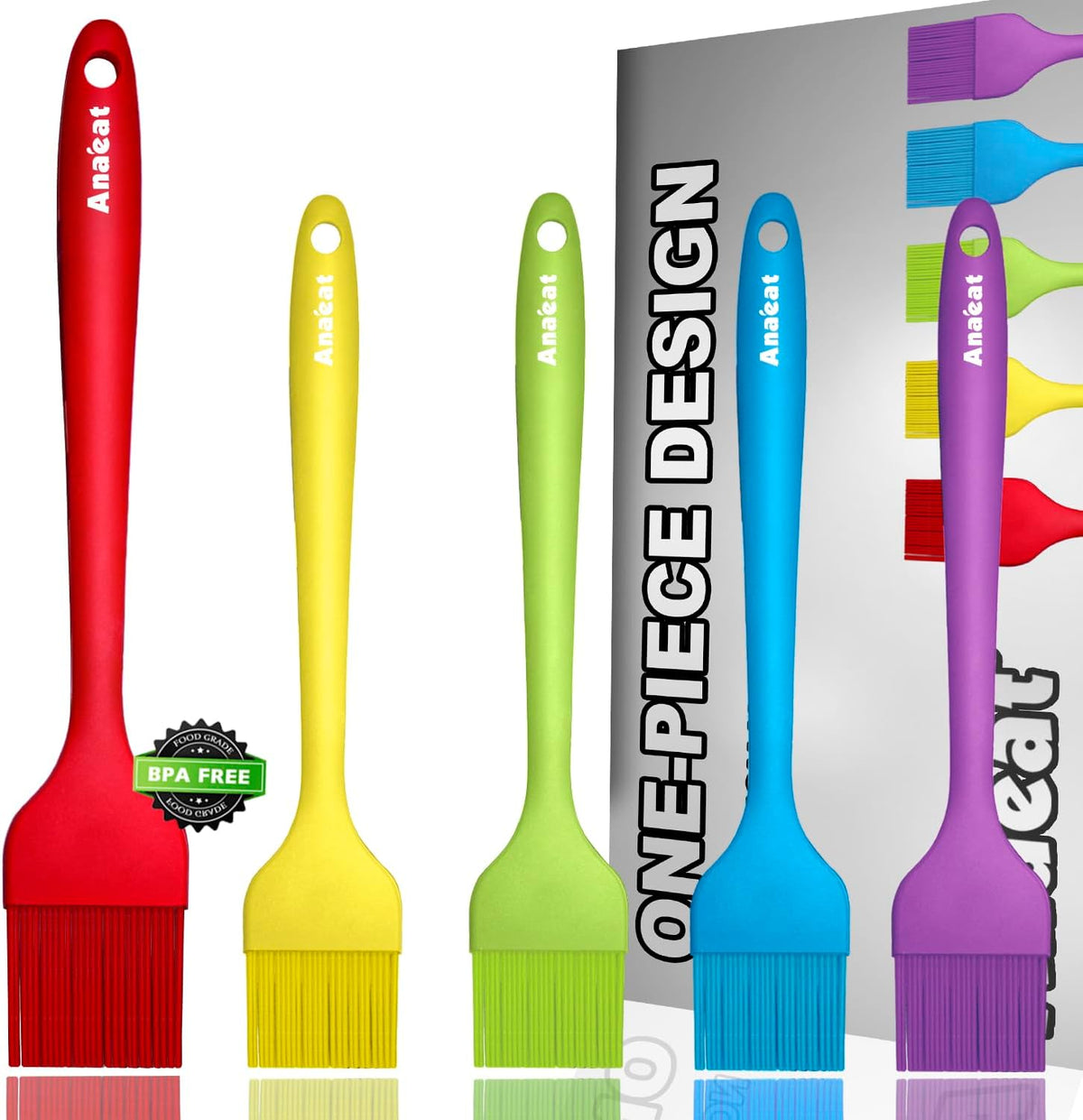 Anaeat High Heat Resistant Silicone Basting Pastry Brush Set of 5- Hygienic One-Pieces Design Spread Oil Butter for BBQ Grill Barbecue Baking Kitchen Cooking - BPA Free & Dishwasher Safe (10"+8.2")