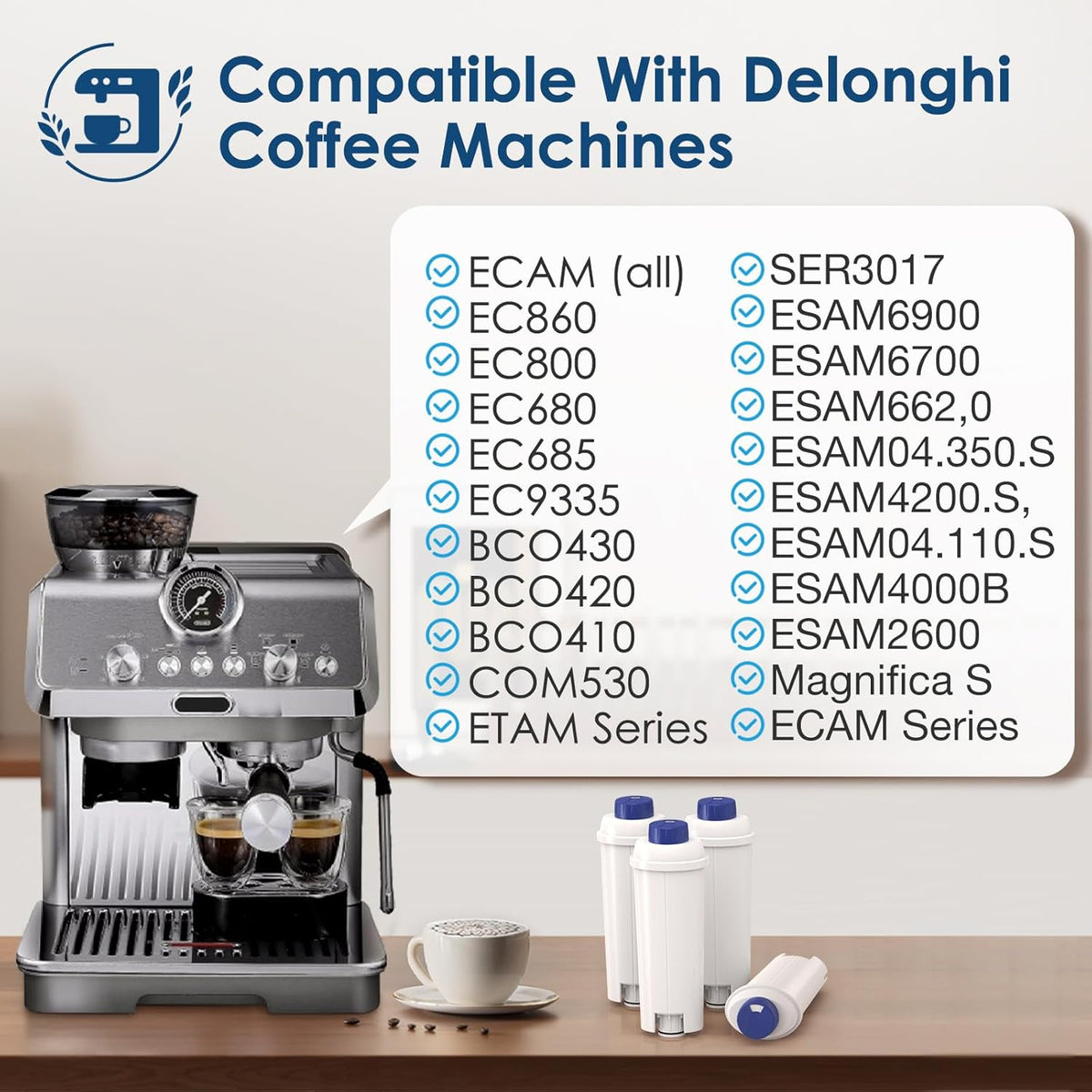 DLSC002 Water Filter Replacement Compatible With Delonghi Coffee Machine Filter Activated Carbon Softener For De'longhi Magnifica evo, Dinamica, Eletta, ECAM, ESAM, ETAM, Bco410/420, Ec680/800, 2 Pack