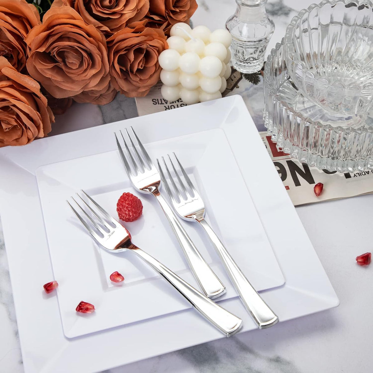 Liacere 200 Pack Silver Plastic Forks - 7.4 inch Heavy Duty Plastic Forks - Heavyweight Disposable Forks - Silver Plastic Silverware for Catering, Parties, Dinners, Valentine's Day
