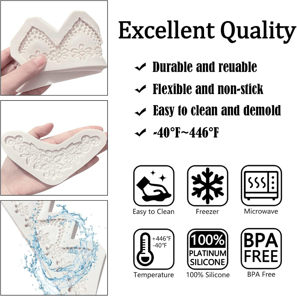 Lace Fondant Mold Set of 3, Edible Lace border Cake Decorating Imprint Mat Silicone Molds for Wedding, Valentine's Day, Chocolate, Cupcake, Cookies, Gum, Candy, Marzipan, Polymer Clay, Epoxy Crafts