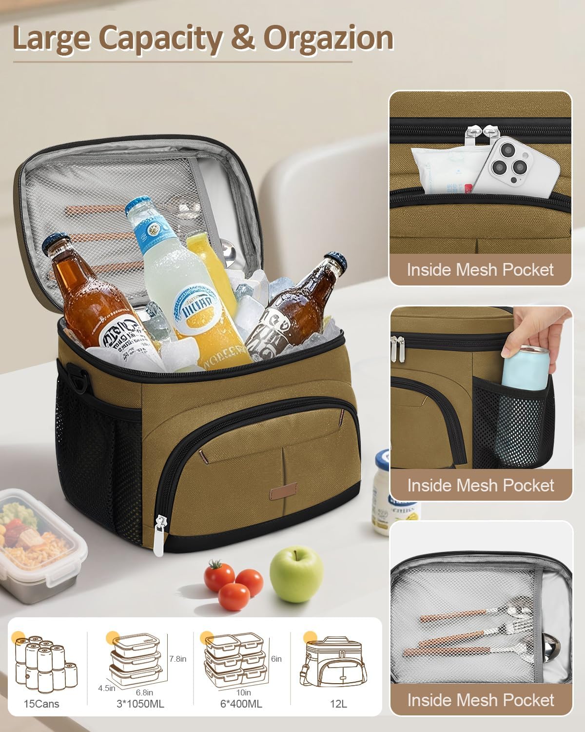 Lunch Box for Man Women, Insulated Lunch Bag Cooler Bag Leakproof Lunchbox Lunch Tote Bags with Removable Strap for Work School Picnic Travel (Khaki/12L