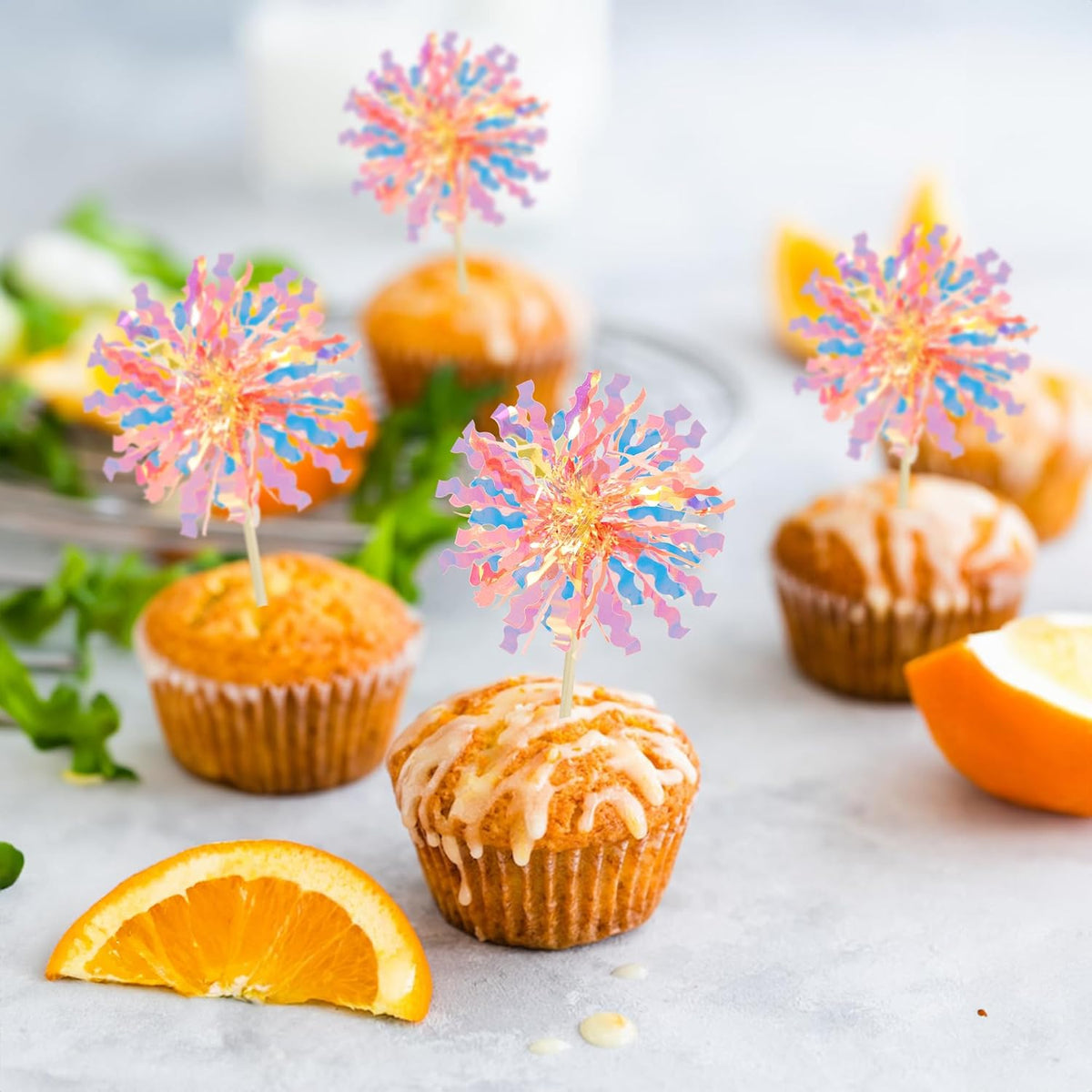 Ephlyn 30Pcs Foil Firework Cupcake Toppers Happy Birthday Cake Toppers Tinsel Flower Drink Stirrers Cocktail Food Fruit Toothpicks for Valentine's Day Party Decorations Orange