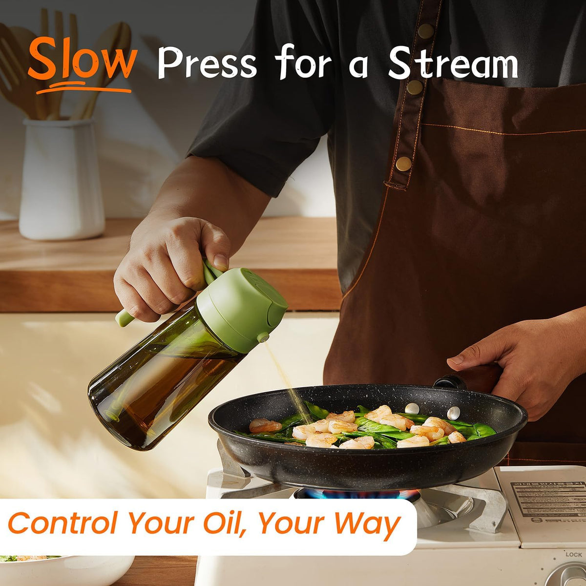 TrendPlain - Original 16oz/470ml Olive Oil Dispenser Bottle for Kitchen Gadgets and Air Fryer Accessories - Olive Oil Sprayer for Cooking w/Stickers - Black&Green