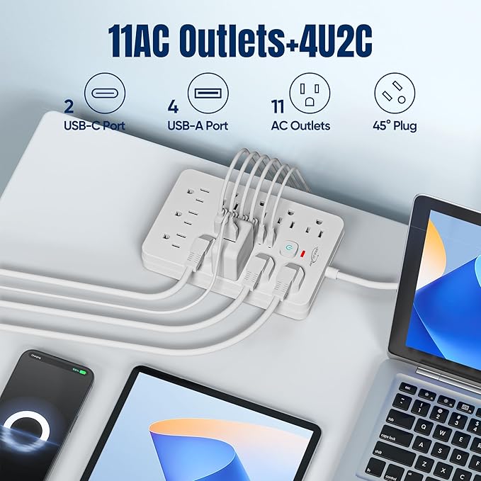 5 FT Flat Plug Surge Protector Power Strip,11 Multiple AC Outlets with 6 USB Ports (2 USB C), 5 Feet Extension Cord, 1250W/10A, One Touch Switch Button, 17 in 1 Compact powerstrip-White
