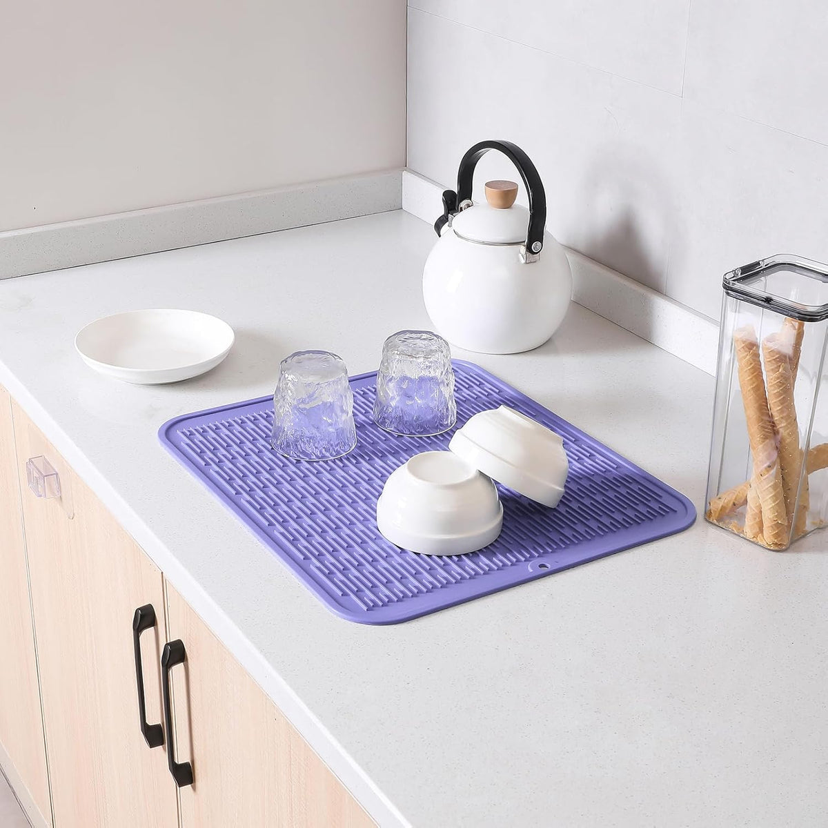 Silicone Dish Drying Mat for Multiple Usage,Easy clean,Eco-friendly,Heat-resistant Silicone Mat for Kitchen Counter or Sink,Refrigerator or Drawer Liner Light Purple XL 18 inches x 16 inches