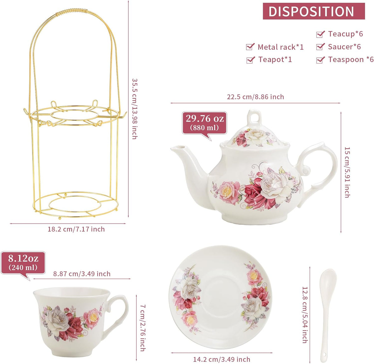 20-Pieces Porcelain Bone china Tea Sets,Gold Rim Coffee Set with Golden Metal Rack,Tea Gift Sets for Home&Party(003)