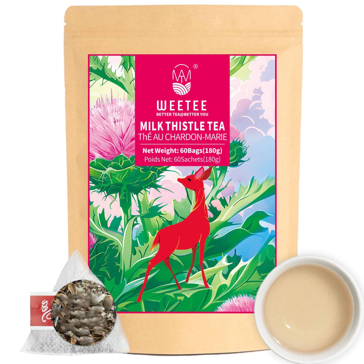 WT WEETEE Milk Thistle Tea Bags, Made with 100% Pure Milk Thistle Seeds, Natural Caffeine-free Herbal Tea Detox Tea 3g x 60 Counts