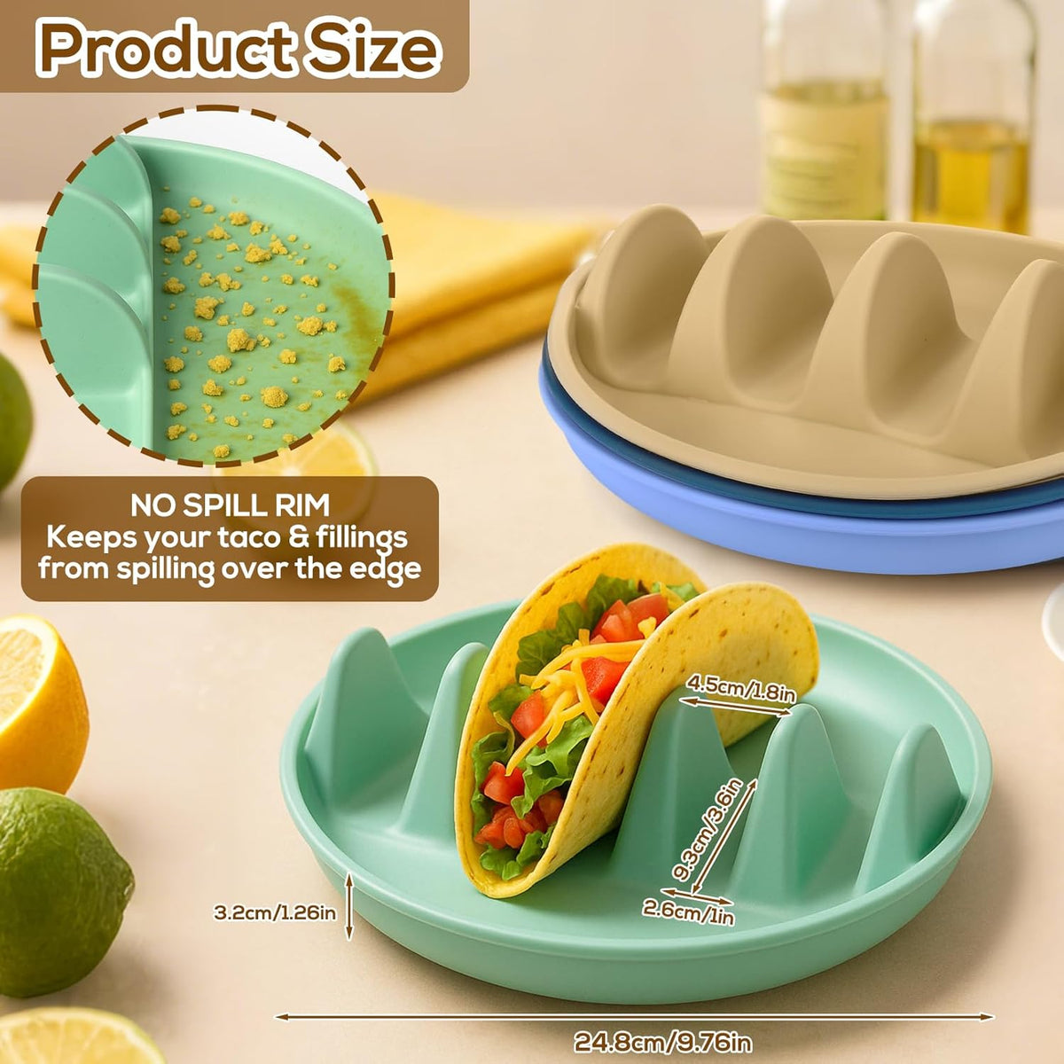 Silicone Taco Holder Plates Set of 4 - Reusable Taco Stand Plates with 4-Shell Slots, Oven/Microwave/Dishwasher Safe, Non-Slip Base for Tortillas Party Serving, Family Dinner & Meal Prep Accessories