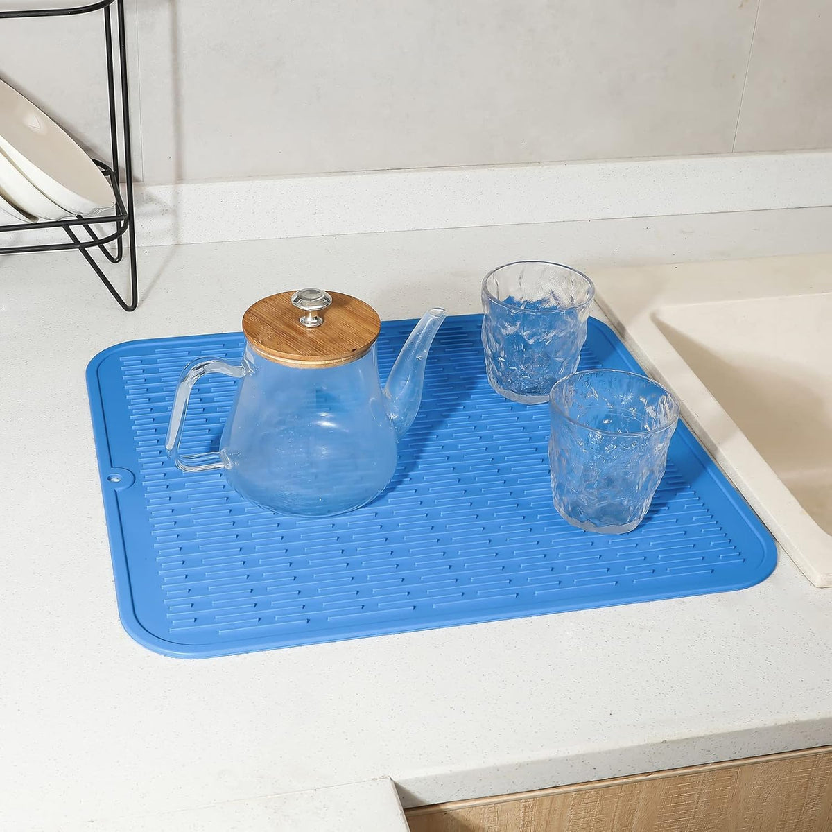 Silicone Dish Drying Mat for Multiple Usage,Easy clean,Eco-friendly,Heat-resistant Silicone Mat for Kitchen Counter or Sink,Refrigerator or Drawer Liner Lichen BlueL XL 18 inches x 16 inches