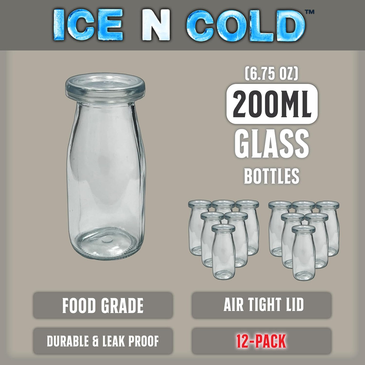 6.76 oz / 200ml Vintage Glass Bottle with Leakproof Clear Lid, Reusable & Eco-Friendly – Ideal for Milk, Juices, Smoothies, Infused Water, BPA-Free Glass Bottle (12-Pack)