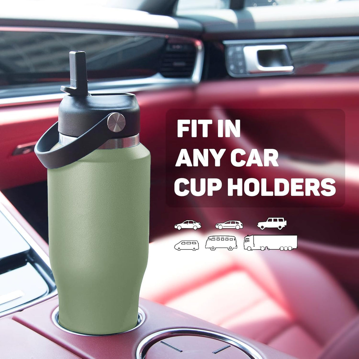 40oz Water Bottle with Powder Coated, Fit in Any Car Cup Holder, Water Bottle with Straw Lids, Stainless Steel Insulated Water Flask Double Wall Leak-proof BPA Free to Keep Cold&Hot