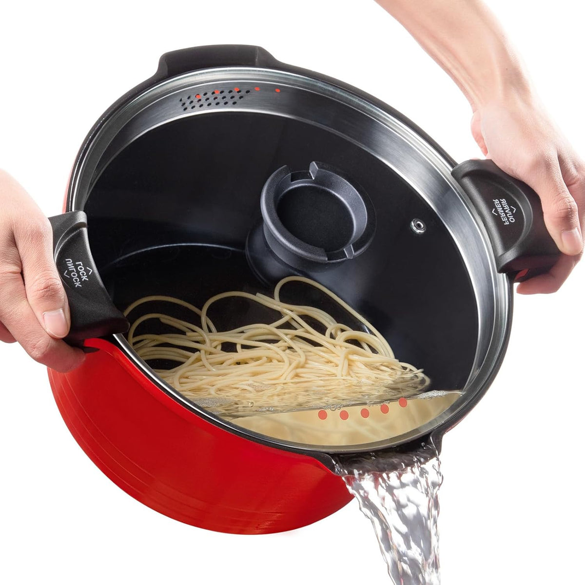 ACTIV CUISINE 8.5qt Pasta Pot with Strainer Lid, Cast Aluminum Stockpot Multipot, Nonstick Ceramic Coating make Cleanup easy with Tempered Glass Lid, Dishwasher Safe, Induction, Red